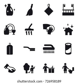 16 vector icon set : cleanser, broom, rag, skyscapers cleaning, dish cleanser, vacuum cleaner, wiping, house cleaning, dry wash, brush, cleanser powder, garden cleaning, kitchen cleaning