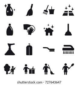 16 vector icon set : cleanser, broom, bucket and broom, clean floor, wiping, house cleaning, plunger, dry wash, brush, garden cleaning, kitchen cleaning, brooming, woman with pipidaster