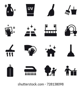 16 vector icon set : cleanser, uv cream, broom, bucket and broom, wiping, clean floor, skyscapers cleaning, dish cleanser, vacuum cleaner, house cleaning, plunger, dry wash, brush, garden cleaning