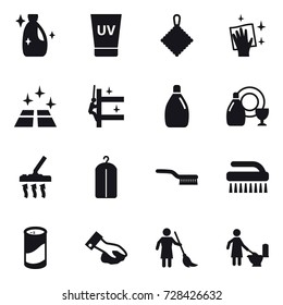16 vector icon set : cleanser, uv cream, rag, wiping, clean floor, skyscrapers cleaning, dish cleanser, vacuum cleaner, dry wash, brush, cleanser powder, brooming, toilet cleaning