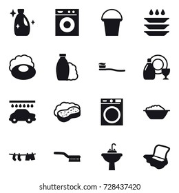 16 vector icon set : cleanser, washing machine, bucket, plate washing, soap, shampoo, tooth brush, dish cleanser, car wash, sponge with foam, foam basin, drying clothe, brush, water tap sink