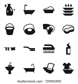 16 vector icon set : cleanser, bath, washing, plate washing, bucket, soap, wiping, sponge with foam, drying clothe, brush, toilet cleanser, water tap sink, floor washing, handle washing