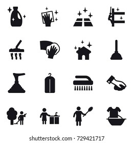 16 vector icon set : cleanser, wiping, clean floor, skyscrapers cleaning, vacuum cleaner, house cleaning, plunger, dry wash, brush, garden cleaning, kitchen cleaning, woman with pipidaster