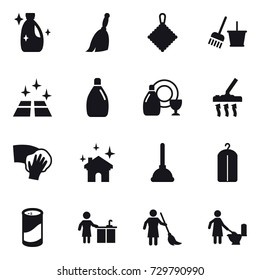 16 vector icon set : cleanser, broom, rag, bucket and broom, clean floor, dish cleanser, vacuum cleaner, wiping, house cleaning, plunger, dry wash, cleanser powder, kitchen cleaning, brooming