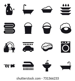 16 vector icon set : cleanser, bath, washing, plate washing, towel, bucket, soap, dish cleanser, car wash, sponge with foam, washing machine, drying clothe, brush, water tap sink