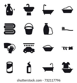 16 vector icon set : cleanser, bath, washing, towel, bucket, shampoo, tooth brush, wiping, car wash, foam basin, drying clothe, cleanser powder, toilet cleanser, handle washing