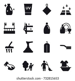 16 vector icon set : cleanser, uv cream, rag, clean floor, skyscapers cleaning, skyscrapers cleaning, dish cleanser, vacuum cleaner, plunger, dry wash, brush, wiping, garden cleaning, brooming