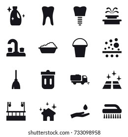16 vector icon set : cleanser, fountain, water tap, washing, bucket, broom, trash bin, sweeper, clean floor, skyscapers cleaning, house cleaning, hand and drop, brush