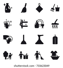 16 vector icon set : cleanser, broom, rag, bucket and broom, wiping, skyscrapers cleaning, dish cleanser, vacuum cleaner, plunger, dry wash, garden cleaning, kitchen cleaning, brooming