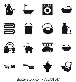 16 vector icon set : cleanser, bath, washing machine, washing, towel, bucket, soap, shampoo, dish cleanser, house cleaning, car wash, foam basin, drying clothe, brush, water tap sink, floor washing