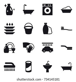 16 vector icon set : cleanser, bath, washing machine, washing, plate washing, bucket, shampoo, tooth brush, dish cleanser, wiping, car wash, brush, cleanser powder, water tap sink