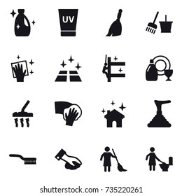 16 vector icon set : cleanser, uv cream, broom, bucket and broom, wiping, clean floor, skyscrapers cleaning, dish cleanser, vacuum cleaner, house cleaning, plunger, brush, brooming, toilet cleaning