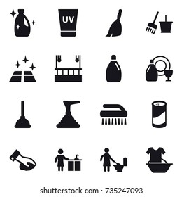 16 vector icon set : cleanser, uv cream, broom, bucket and broom, clean floor, skyscapers cleaning, dish cleanser, plunger, brush, cleanser powder, wiping, kitchen cleaning, toilet cleaning