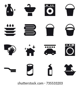 16 vector icon set : cleanser, washing machine, bucket, plate washing, towel, wiping, house cleaning, car wash, brush, cleanser powder, toilet cleanser, handle washing