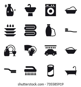 16 vector icon set : cleanser, washing machine, washing, plate washing, towel, shampoo, tooth brush, dish cleanser, wiping, car wash, foam basin, brush, cleanser powder, bath