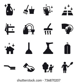 16 vector icon set : cleanser, bucket and broom, wiping, clean floor, skyscrapers cleaning, dish cleanser, vacuum cleaner, house cleaning, plunger, dry wash, brush, garden cleaning