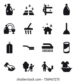 16 vector icon set : cleanser, clean floor, skyscrapers cleaning, dish cleanser, vacuum cleaner, house cleaning, plunger, dry wash, brush, cleanser powder, wiping, garden cleaning, toilet cleaning