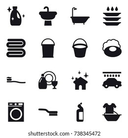 16 vector icon set : cleanser, bath, plate washing, towel, bucket, soap, tooth brush, dish cleanser, house cleaning, car wash, washing machine, brush, toilet cleanser, handle washing