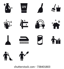 16 vector icon set : cleanser, uv cream, broom, bucket and broom, wiping, skyscrapers cleaning, dish cleanser, house cleaning, plunger, brush, cleanser powder, kitchen cleaning, brooming