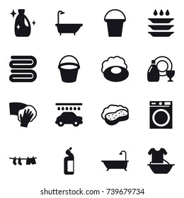 16 vector icon set : cleanser, bath, bucket, plate washing, towel, soap, dish cleanser, wiping, car wash, sponge with foam, washing machine, drying clothe, toilet cleanser, handle washing