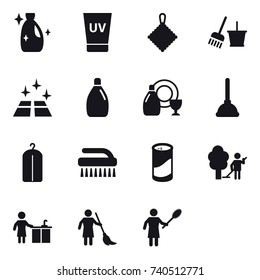 16 vector icon set : cleanser, uv cream, rag, bucket and broom, clean floor, dish cleanser, plunger, dry wash, brush, cleanser powder, garden cleaning, kitchen cleaning, brooming
