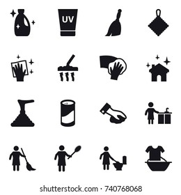 16 vector icon set : cleanser, uv cream, broom, rag, wiping, vacuum cleaner, house cleaning, plunger, cleanser powder, kitchen cleaning, brooming, woman with pipidaster, toilet cleaning