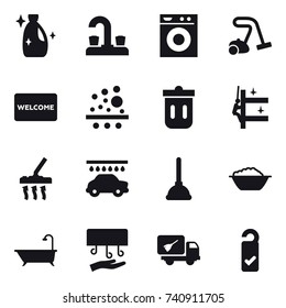 16 vector icon set : cleanser, water tap, washing machine, vacuum cleaner, welcome mat, trash bin, skyscrapers cleaning, car wash, plunger, foam basin, bath, hand dryer, home call cleaning