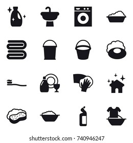 16 vector icon set : cleanser, washing machine, washing, towel, bucket, soap, tooth brush, dish cleanser, wiping, house cleaning, sponge with foam, foam basin, toilet cleanser, handle washing