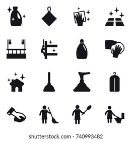 16 vector icon set : cleanser, rag, wiping, clean floor, skyscapers cleaning, skyscrapers cleaning, house cleaning, plunger, dry wash, brooming, woman with pipidaster, toilet cleaning