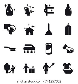 16 vector icon set : cleanser, wiping, skyscrapers cleaning, house cleaning, plunger, dry wash, brush, cleanser powder, garden cleaning, kitchen cleaning, woman with pipidaster, handle washing