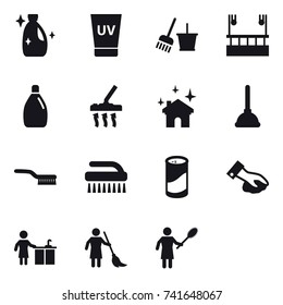 16 vector icon set : cleanser, uv cream, bucket and broom, skyscaper cleaning, vacuum cleaner, house cleaning, plunger, brush, cleanser powder, wiping, kitchen cleaning, sweeping