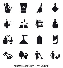 16 vector icon set : cleanser, uv cream, broom, rag, wiping, clean floor, skyscrapers cleaning, dish cleanser, plunger, dry wash, cleanser powder, garden cleaning, brooming, toilet cleaning