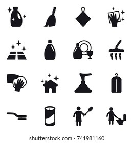 16 vector icon set : cleanser, broom, rag, wiping, clean floor, dish cleanser, vacuum cleaner, house cleaning, plunger, dry wash, brush, cleanser powder, woman with pipidaster, toilet cleaning