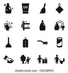 16 vector icon set : cleanser, uv cream, broom, rag, wiping, skyscrapers cleaning, dish cleanser, plunger, dry wash, brush, cleanser powder, garden cleaning, kitchen cleaning, toilet cleaning