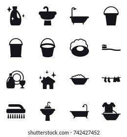 16 vector icon set : cleanser, bath, bucket, soap, tooth brush, dish cleanser, house cleaning, foam basin, drying clothe, brush, water tap sink, handle washing
