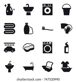 16 vector icon set : cleanser, washing machine, bucket, towel, shampoo, tooth brush, wiping, car wash, sponge with foam, toilet cleanser, water tap sink, bath, floor washing, handle washing