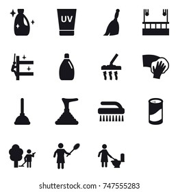 16 vector icon set : cleanser, uv cream, broom, skyscrapers cleaning, vacuum cleaner, wiping, plunger, brush, cleanser powder, garden cleaning, woman with pipidaster