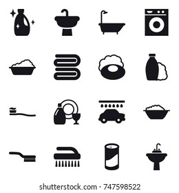 16 vector icon set : cleanser, bath, washing machine, washing, towel, soap, shampoo, tooth brush, dish cleanser, car wash, foam basin, brush, cleanser powder, water tap sink