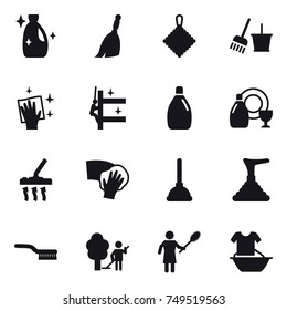 16 vector icon set : cleanser, broom, rag, bucket and broom, wiping, skyscrapers cleaning, dish cleanser, vacuum cleaner, plunger, brush, garden cleaning, woman with pipidaster, handle washing
