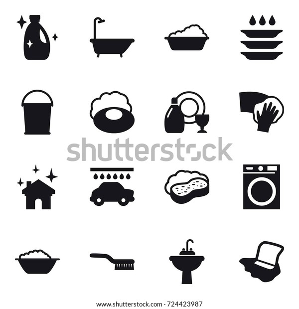 16 vector icon set : cleanser, bath, washing, plate\
washing, bucket, soap, dish cleanser, wiping, house cleaning, car\
wash, sponge with foam, washing machine, foam basin, brush, water\
tap sink