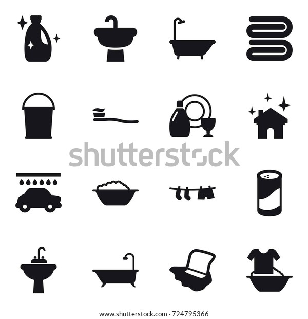 16 vector icon set : cleanser, bath, towel,\
bucket, tooth brush, dish cleanser, house cleaning, car wash, foam\
basin, drying clothe, cleanser powder, water tap sink, floor\
washing, handle washing