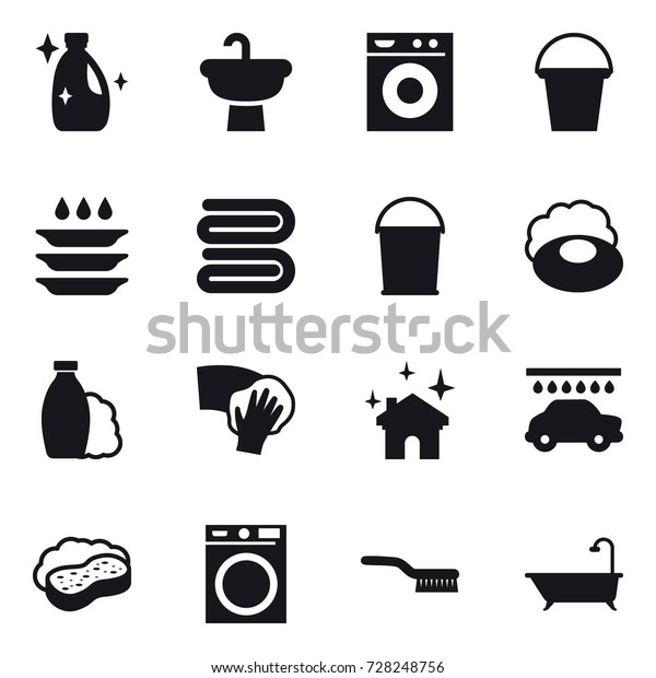 16 vector icon set : cleanser, washing\
machine, bucket, plate washing, towel, soap, shampoo, wiping, house\
cleaning, car wash, sponge with foam, brush,\
bath