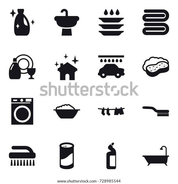 16 vector icon set : cleanser, plate washing,\
towel, dish cleanser, house cleaning, car wash, sponge with foam,\
washing machine, foam basin, drying clothe, brush, cleanser powder,\
toilet cleanser