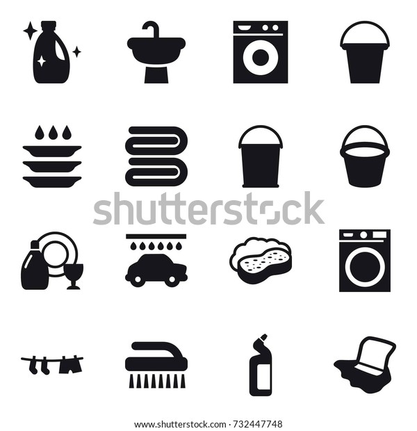 16 vector icon set\
: cleanser, washing machine, bucket, plate washing, towel, dish\
cleanser, car wash, sponge with foam, drying clothe, brush, toilet\
cleanser, floor washing