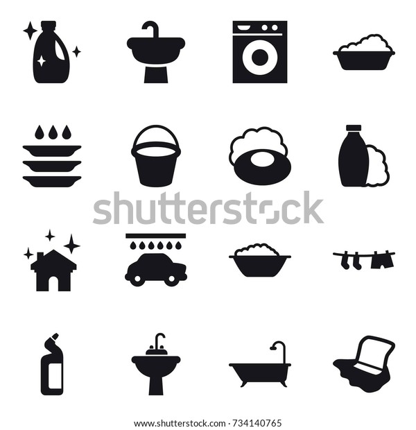16 vector icon set : cleanser, washing machine,\
washing, plate washing, bucket, soap, shampoo, house cleaning, car\
wash, foam basin, drying clothe, toilet cleanser, water tap sink,\
bath