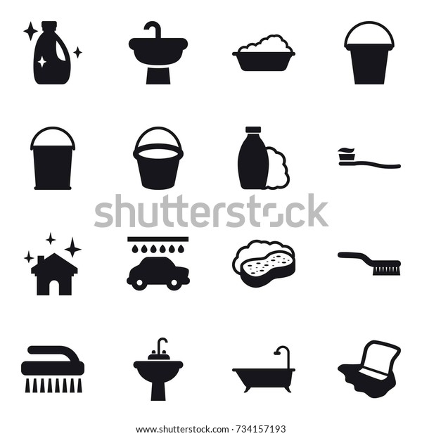 16 vector icon set : cleanser,\
washing, bucket, shampoo, tooth brush, house cleaning, car wash,\
sponge with foam, brush, water tap sink, bath, floor\
washing