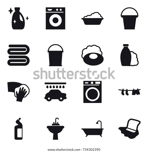 16 vector\
icon set : cleanser, washing machine, washing, bucket, towel, soap,\
shampoo, wiping, car wash, drying clothe, toilet cleanser, water\
tap sink, bath, floor\
washing
