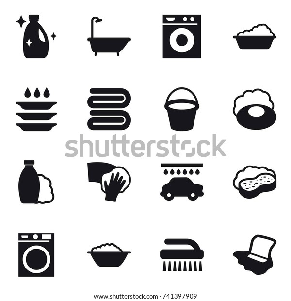 16 vector\
icon set : cleanser, bath, washing machine, washing, plate washing,\
towel, bucket, soap, shampoo, wiping, car wash, sponge with foam,\
foam basin, brush, floor\
washing