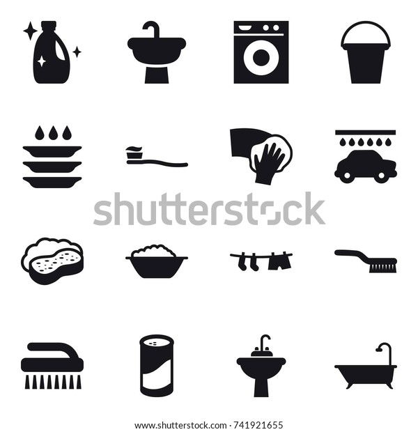 16\
vector icon set : cleanser, washing machine, bucket, plate washing,\
tooth brush, wiping, car wash, sponge with foam, foam basin, drying\
clothe, brush, cleanser powder, water tap sink,\
bath
