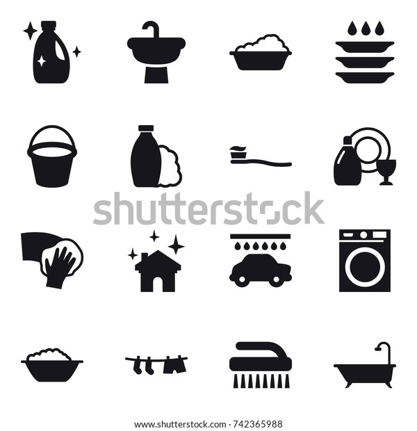16 vector icon set : cleanser, washing, plate\
washing, bucket, shampoo, tooth brush, dish cleanser, wiping, house\
cleaning, car wash, washing machine, foam basin, drying clothe,\
brush, bath